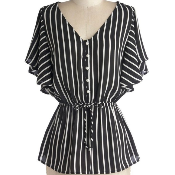 Modcloth Black and White Striped Blouse - Picture 1 of 5